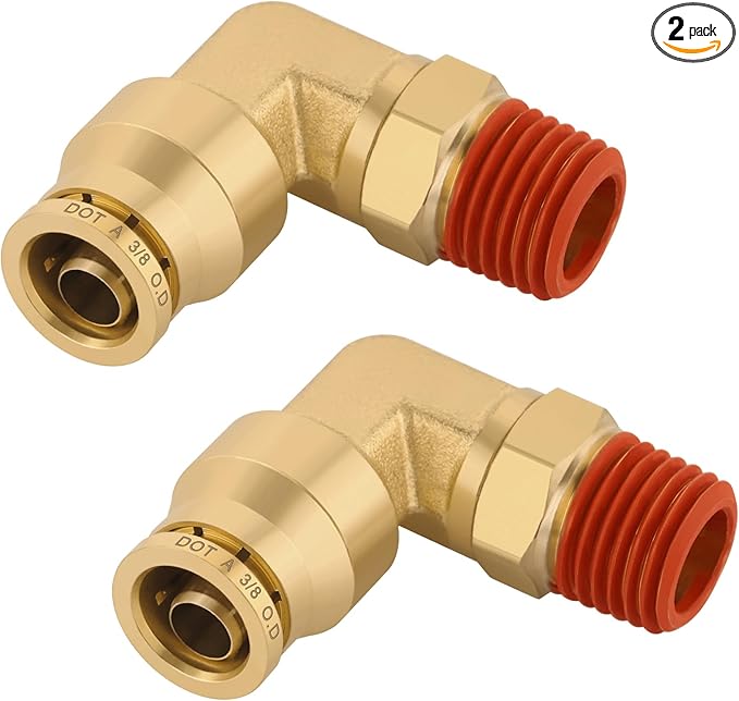 3/8" Quick Push to Connect Fittings Brass 90 Degree Union Swivel Elbow Joint DOT Approved 3/8" Tube OD x 1/4" NPT Thread Air Brake Line Adapter Air Suspension Kit for Car Truck Trailers 2pcs