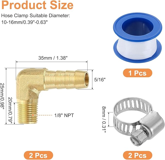 uxcell 2Pcs Brass Hose Barb Fittings, 5/16" x 1/8" NPT 90 Degree Elbow Hose Connector with Hose Clamps for Water Fuel Gas Oil Transportation