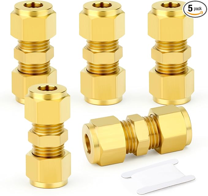 GASHER 5PCS Brass Compression Tube Pipe Fitting Connector, 8mm Tube OD Connector