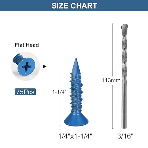 1/4 x 1-1/4 Inch 75PCS Flat Head Concrete Screws, Screws Anchor with Drill Bit,for Masonry, Block, Brick, Cement,Stucco, No Pre Drilling, Diamond Point