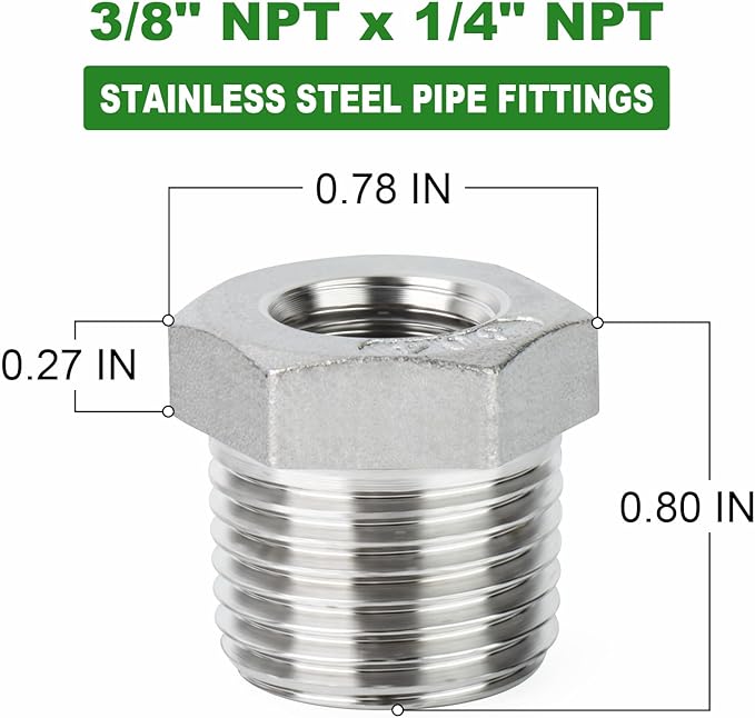 TAISHER 10PCS 304 Stainless Steel Reducer Hex Bushing, 3/8" NPT Male x 1/4" NPT Female, Reducing Pipe Adapter Fitting