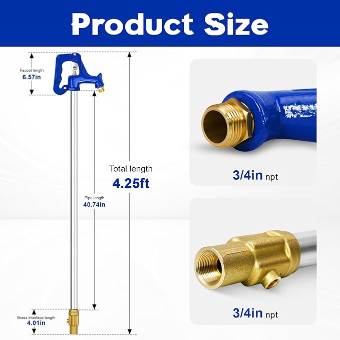 4.25FT Frost Proof Yard Hydrant,Freezeless Frost Free Outdoor Water Hydrant,3/4"Pipe Connection,Total Length 4.25ft,24’’Bury Depth,for Yard, Garden, Pasture Irrigation,Reliable Water Supply