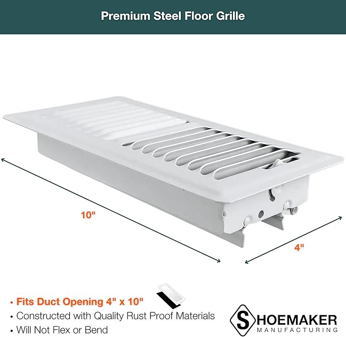 Shoemaker 4x10 Floor Register – Soft White Heavy Duty Metal Floor Vent Cover for Home Floors - Premium Forced Air Vent Covers