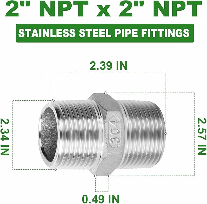 TAISHER 2PCS Cast 304 Stainless Steel Hex Nipple, Pipe Fitting 2-Inch Male Pipe x 2-Inch Male Pipe