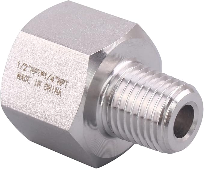 Forged Reducer Adapter Fitting - Stainless Steel 304 Reducing Pipe Connector, 1/2" NPT Female x 1/4" NPT Male (pack of 2)