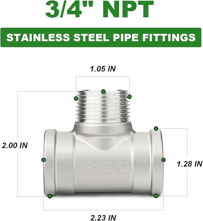 TAISHER 2PCS 304 Stainless Steel Tee Pipe Fittings, 3/4" NPT Female x 3/4" NPT Male x 3/4" NPT Female Pipe Fittings, Male Branch Tee