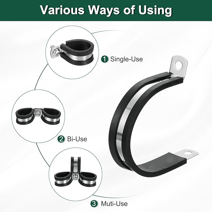uxcell 1-7/8"(48mm) Cable Clamp, 304 Stainless Steel Rubber Cushioned Insulated Clamp R Shape Metal Clamp Tube Holder for Pipe Hose Wire Cord Installation 8Pcs
