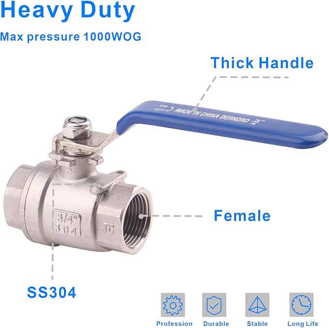 DERNORD Full Port Ball Valve Stainless Steel 304 Heavy Duty for Water, Oil, and Gas with Blue Locking Handles (3/4" NPT)