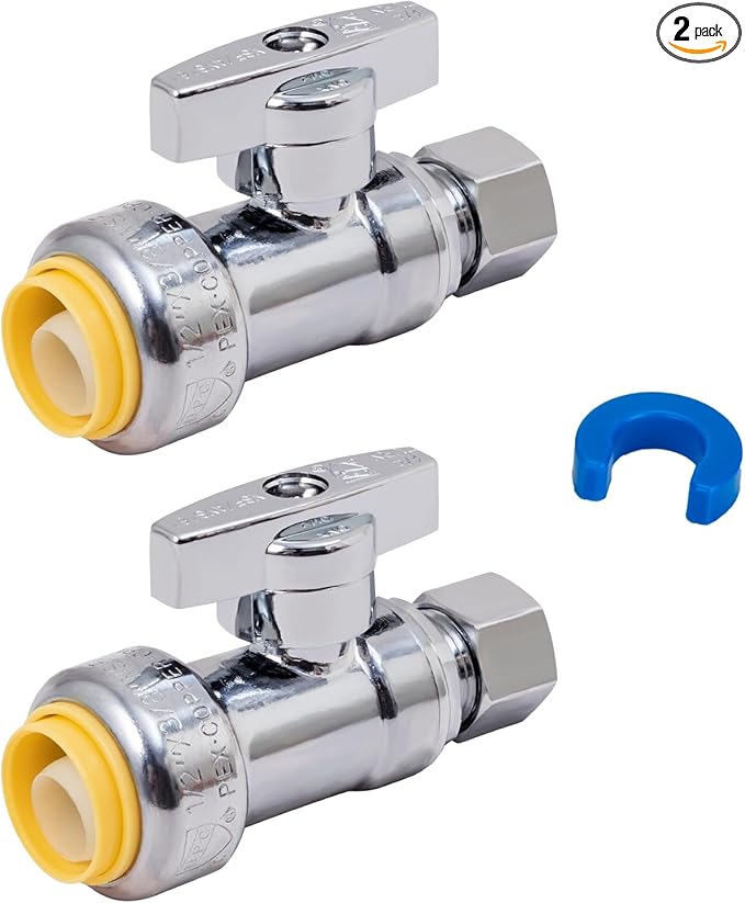 Straight Stop Valve, 2-Pack SUNGATOR Straight Water Shut Off Valve 1/2 x 3/8 Inch Compression, Toilet Water Shutoff, 1/4 Turn, No Lead Brass Push-to-Connect Plumbing Fittings for PEX Pipe, Copper,CPVC