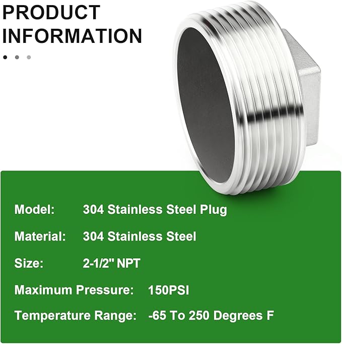TAISHER 1PCS 304 Stainless Steel Outer Square Thread Socket Pipe Plug Fitting 2-1/2" NPT Male
