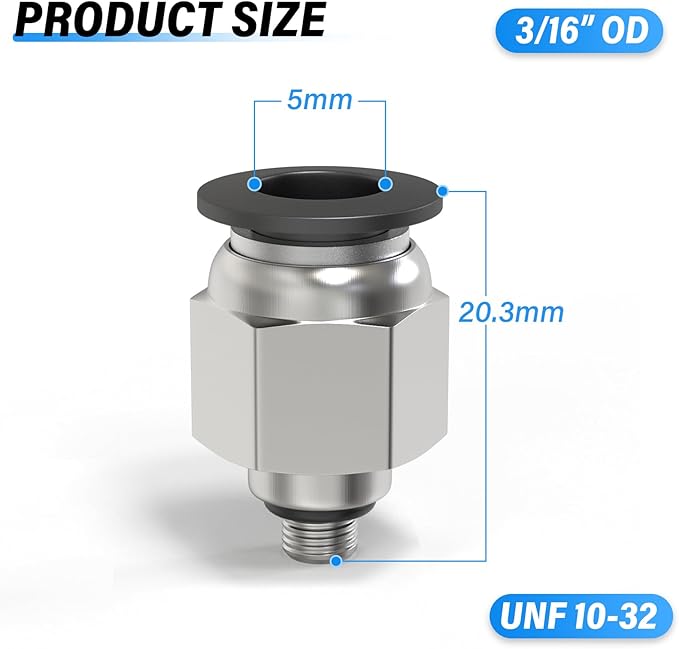 TAILONZ PNEUMATIC Male Straight 3/16 Inch Tube OD x 10-32 Inch UNF Thread Push to Connect Fittings PC-3/16-U10 (Pack of 2)