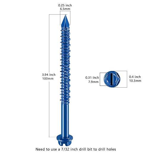 Wensilon(30 PCS) 1/4" * 4" Slotted Hex Concrete Screws Anchor Blue Hexagon Head for Anchoring to Masonry, Block or Brick Stucco