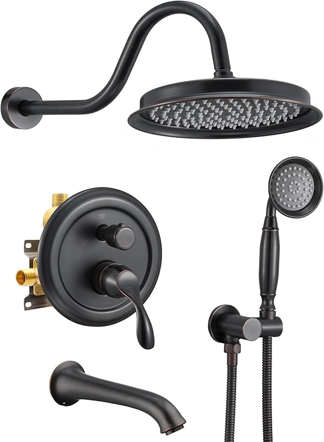 DASAN Oil Rubbed Bronze Shower System with Tub Spout, Tub and Shower Faucet Combo Set with Valve & Trim Kit Bathtub Shower Faucet Set Bathtub Shower System with Rainfall Shower & Handheld, AT309W-ORB