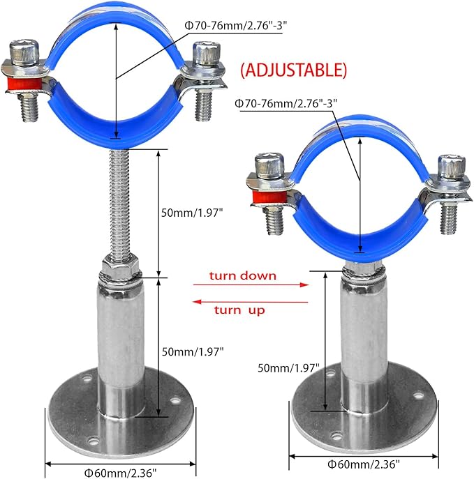Wall Mount Ceiling Mount Pipe Supports,Adjustable Pipe Clamps 、Hangers、Stainless Steel 304,2PCS Suitable for Pipe OD 70-76mm Adjustable Height 50-100mm