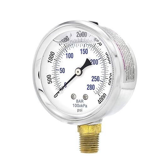 PIC Gauges PRO-201L-254Q 0-4000 PSI Pressure Gauge, 2 1/2" Dial, 1/4" Male NPT Connection, Bottom Mount, Dual Scale, Glycerin Filled, Stainless Steel Case/Bezel, Brass Internals & Plastic Lens