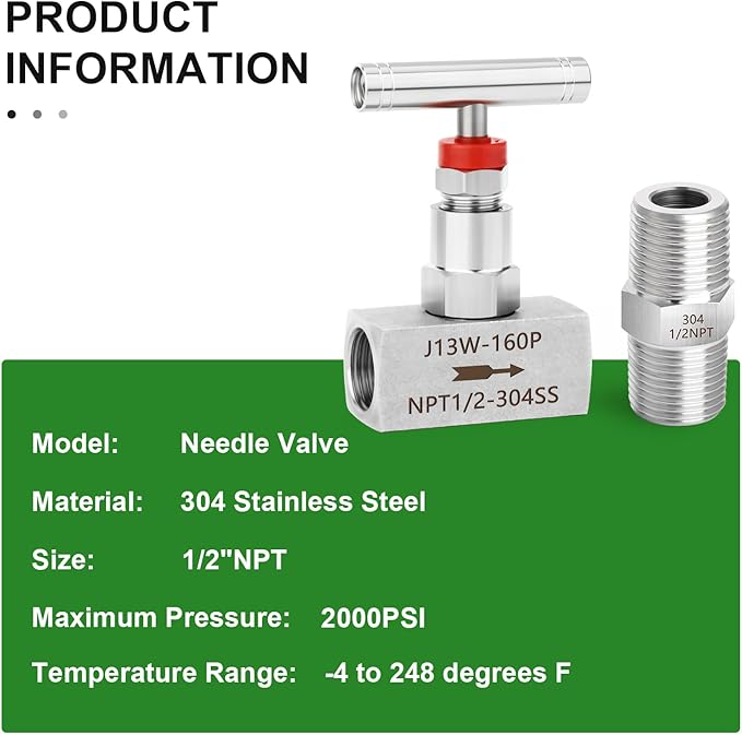 TAISHER 2PCS 304 Stainless Steel High Pressure Straight Needle Valve 1/2" Female NPT For Flow Control Water Gas Oil With Nipple