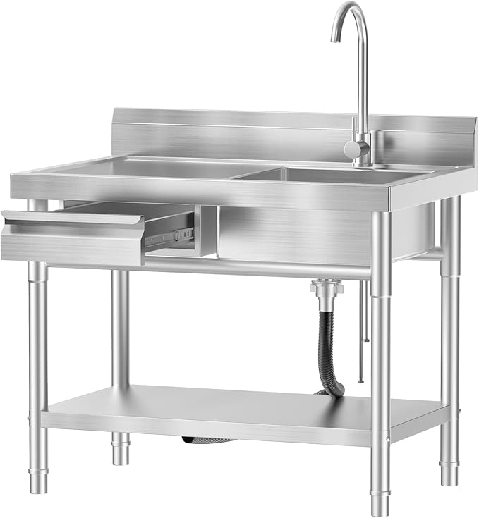 Stainless Steel Utility Sink Freestanding Single Bowl Laundry Sink with Hot and Cold Water Plumbing Workbench Drawers for Laundry Room Farmhouse Indoor and Outdoor Sink