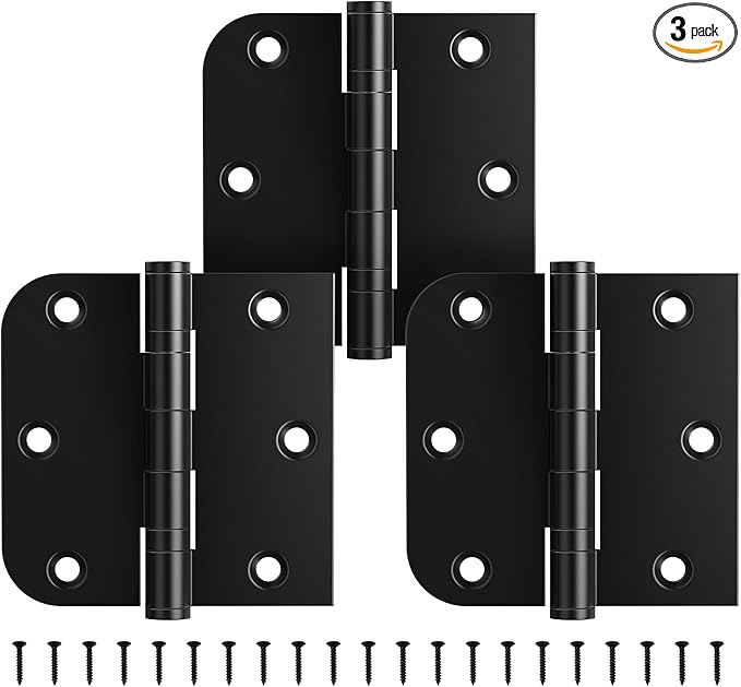 KOLET Ball Bearing Door Hinges, 3.5 x 3.5 Inches Black Exterior Door Hinges, Square and 5/8'' Radius Corner, Heavy Duty Stainless Steel Hinges, Smooth and Quiet, Non Removable Pin, Matte Black, 3 Pack