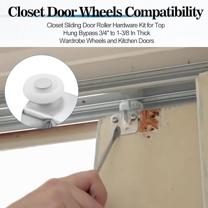 Closet Sliding Door Rolle Kit, Sliding Closet Door Floor Guide, Wardrobe Door Roller with Slide Track, Top-Hung Sliding Doors Hardware Replacement, Fits 3/4" to 1-3/8" in Thick Doors