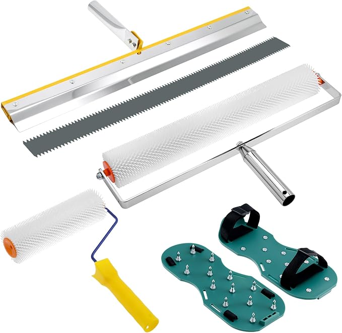QWORK Self-Levelling Cement Tool Kit, Floor Construction Roller Spike Shoes, Epoxy Floor Paint Tool, Stainless Steel Scraper Self-Leveling Rake