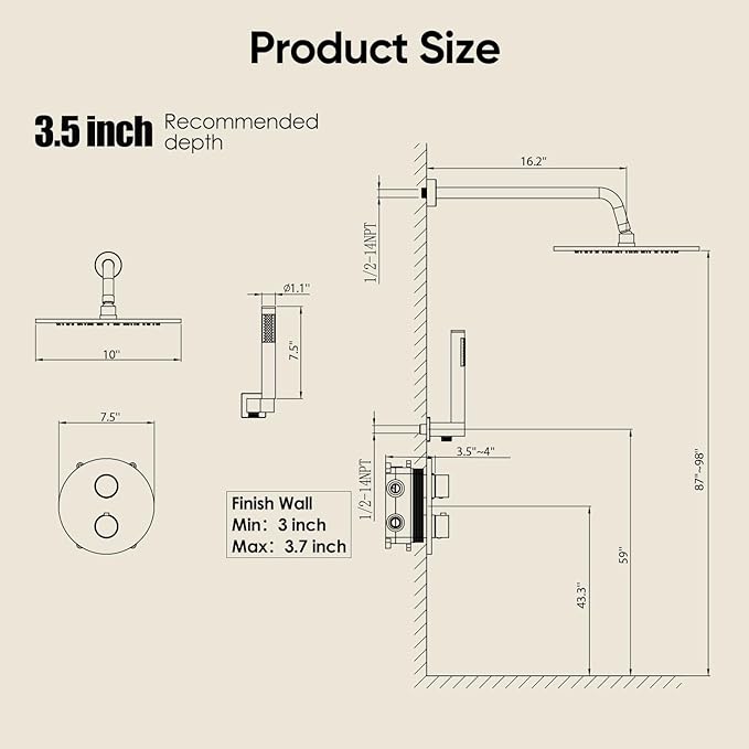 Gabrylly Thermostatic Shower Faucet Set, All Metal Shower System with Anti Scald Shower Valve, High Pressure 10" Rain Shower head with Handheld Spray Combo, Matte Black