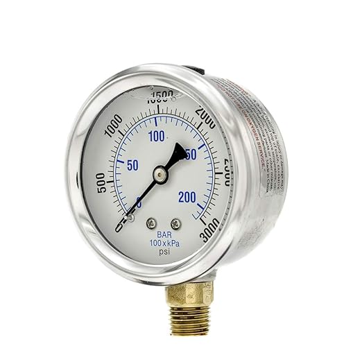 PIC Gauge PRO-201L-254P 0-3000 PSI Pressure Gauge, 2 1/2" Dial, 1/4" Male NPT Connection, Bottom Mount, Dual Scale, Glycerin Filled, Stainless Steel Case/Bezel, Brass Internals & Plastic Lens