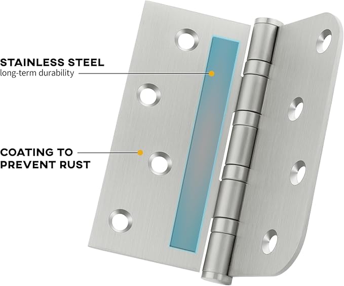 Door Hinges Brushed Nickle 6 Pack 4 x 4 Inches Ball Bearing Door Hinge Heavy Duty Stainless Steel Hinges for Interior & Exterior Doors Square & Round Corners
