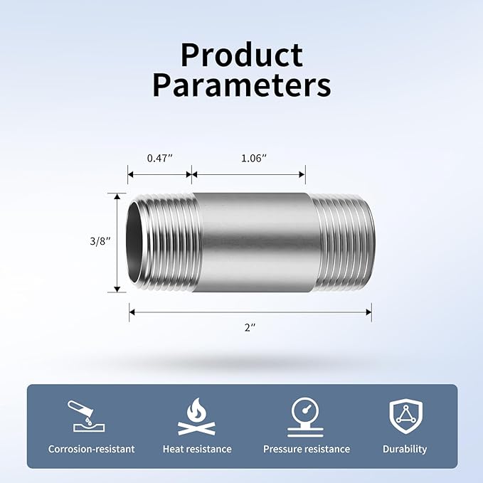 3/8"x2" 304 Stainless Steel Pipe, 3/8" NPT x 3/8" NPT Male Threaded Nipple, SCH40 Heavy Duty Pre-Cut Steel Pipe for Plumbing Gas, Hydraulic, and Industrial Applications(2", 2 Piece)