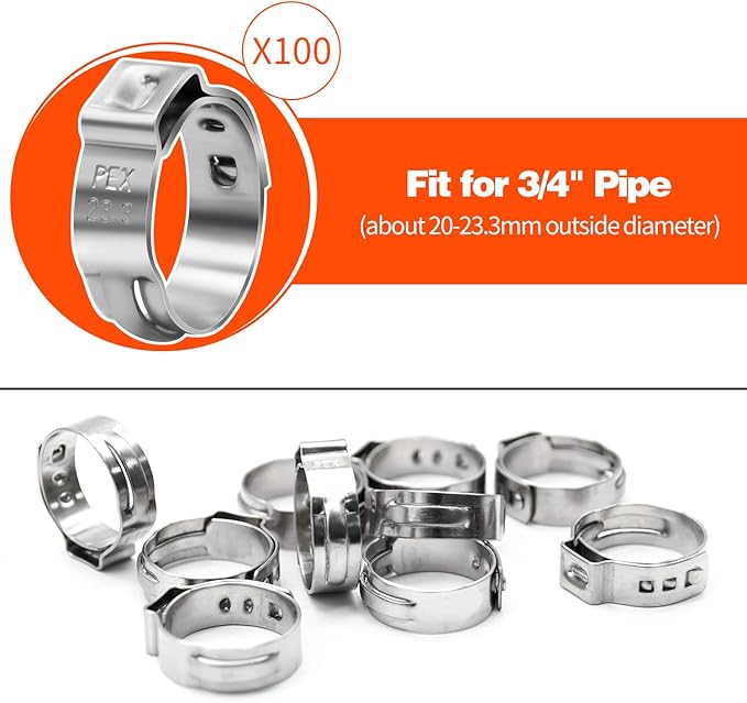 100 Pack 3/4 Inch PEX Cinch Clamps, Stainless Steel Single Ear Hose Clamps, for PEX Pipe