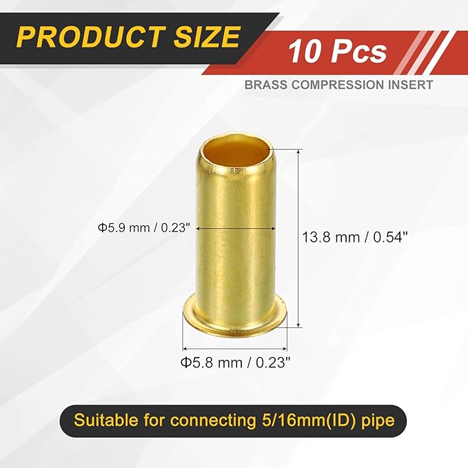 uxcell 10Pcs Fit for 5.9mm(1/4") Tube ID Brass Compression Fitting, Insert Tube Support Compression Sleeve Fitting, Sleeve Ferrules for Water Oil Air Pipe