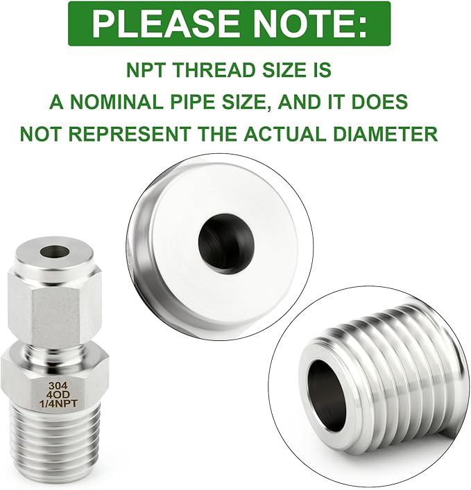 TAISHER 2PCS 304 Stainless Steel Compression Tube Pipe Fitting Connector, 4MM Tube OD x 1/4" NPT Male Straight Adapter