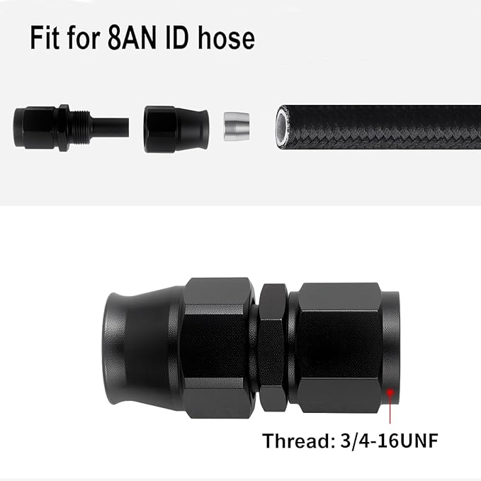 8AN PTFE Hose End Fitting Straight Swivel Only for PTFE Hose Aluminum Black 4PCS