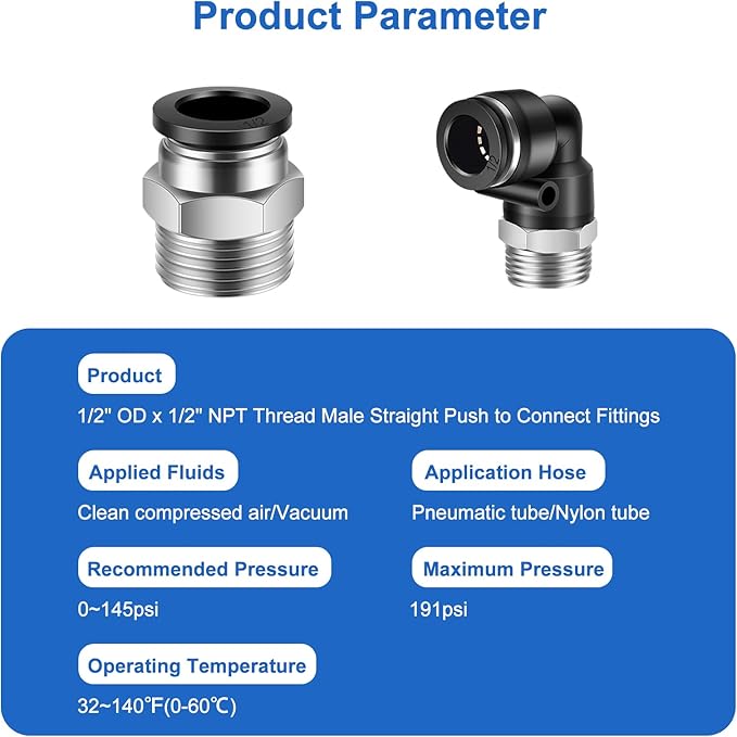 12 Pcs Push to Connect Fittings 1/2 Inch Tube OD x 1/2 Inch NPT Thread Pneumatic Male Straight and Elbow Quick Connect Air line fittings