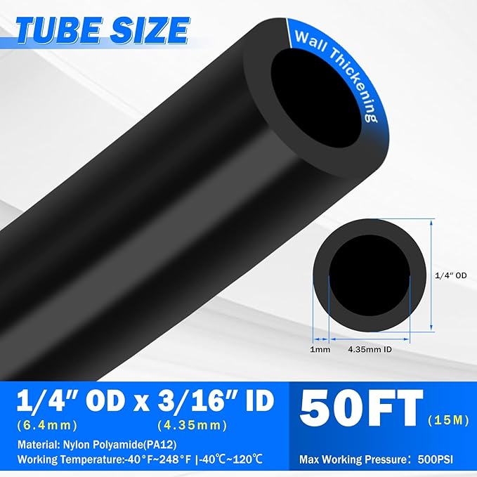 1/4" Air Line Tubing Kit, 50 FT(15M) DOT Air Line PA Nylon Tubing with Push to Connect Fittings, 1/4 Inch OD Quick Connect Air Hose Kit for Compressor Accessories System (75 Pcs)