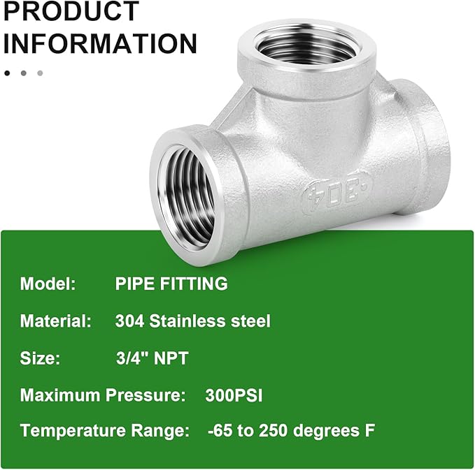 TAISHER 5PCS Stainless Steel Tee Pipe Fittings, 3/4" x 3/4" x 3/4" NPT Female Pipe Fittings
