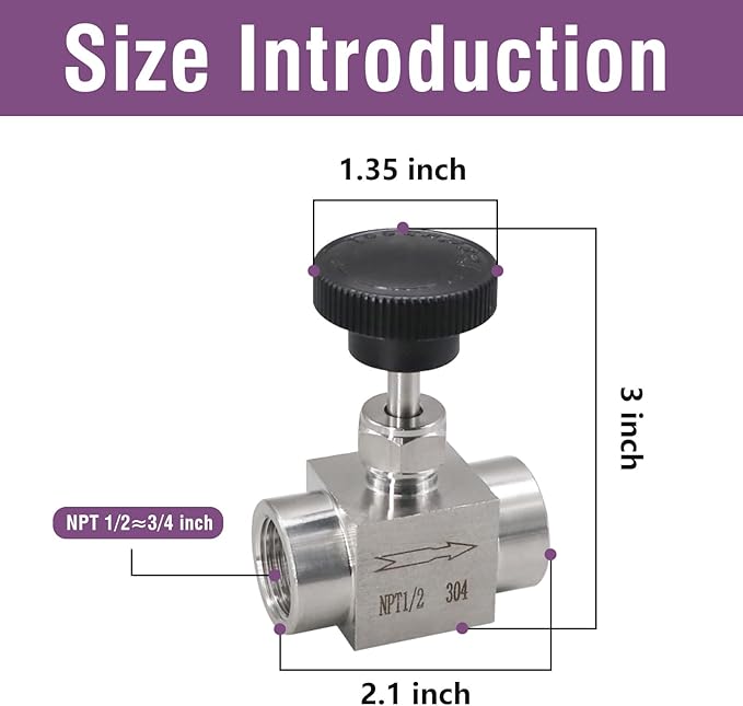 Stainless Steel Needle Valve NPT 1/2 Female Micro Flow Control Valve for Water/Oil/Gas, 1PC