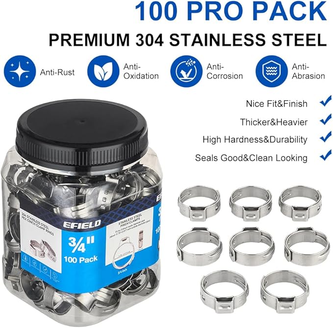 100-Pack EFIELD 3/4-inch Stainless Steel Pex Cinch Clamp Rings for Pex Tubing Pipes,(CLAMP018)