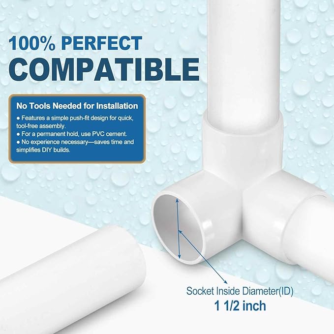 2 Pack 1 1/2" SCH40 PVC Elbow Pipe Fitting, 3-Way PVC Elbow Corner Side Outlet Tee Fitting, Furniture Grade Pipe Connectors for DIY Project, Pond Protection, Socket x Socket, White