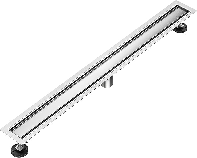 24 inch Linear Shower Drain with Tile Insert Grate Cover, Brushed 304 Stainless Steel Bonding Flange Linear Drain, Low Profile Linear Shower Drain with Hair Strainer