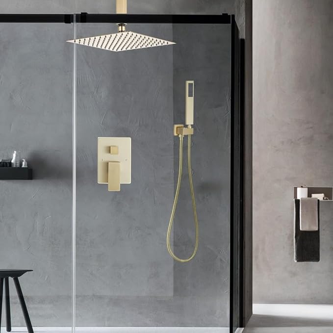 12 Inch Ceiling Mount ‎Brushed Gold Shower System Bathroom Luxury Rain Mixer Shower Combo Set Ceiling Rainfall Shower Head System (Contain Shower Faucet Rough-in Valve Body and Trim Kit)