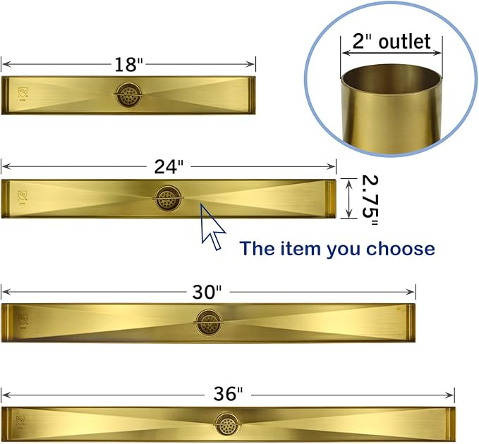 Linear Shower Drain 24", 304 Stainless Steel Floor Drain with Grid Drain Cover & Hair Strainer, Rectangular Shower Drain w/CUPC Certified, Brushed Gold