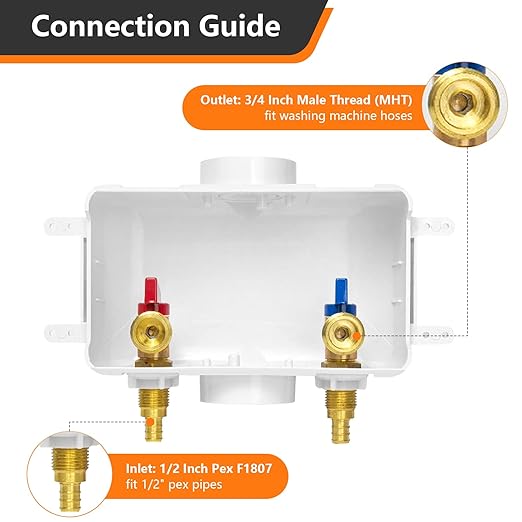 HeSun Washing Machine (Laundry) Outlet Box, 1/2 Inch Crimp Inlet x 3/4 Inch MHT Outlet, Pex Washer Box with Center Double Drain, Regular