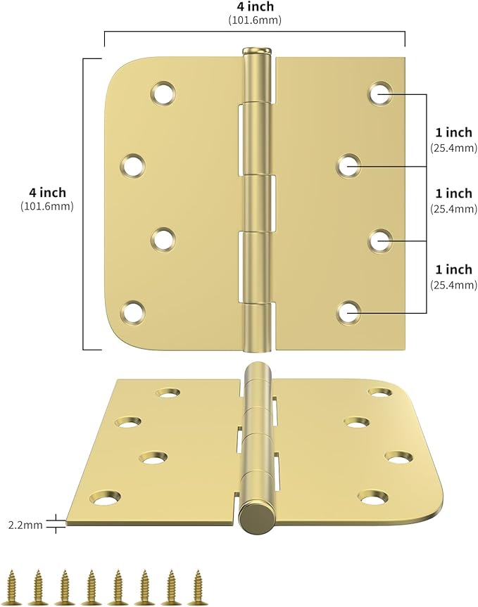 goldenwarm Pack of 3 4in Door Hinges Brushed Brass Gold Door Hinges Butt Hinges with Square & Round Corners, Interior Door Hardware