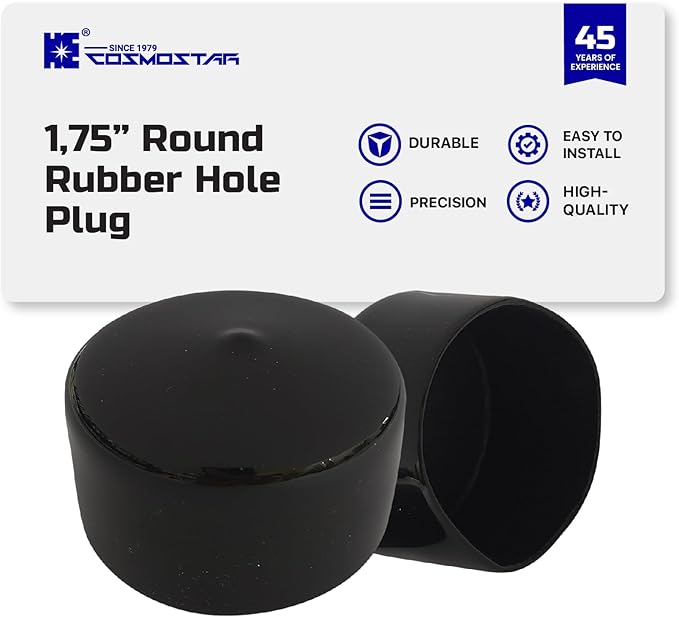 Cosmostar 1.75" Inch (44.45 mm) Round Rubber Hole Plugs - Durable Black End Caps for Metal Tubing, Fences, Chair & Furniture Legs | Easy Glide Protection & Secure