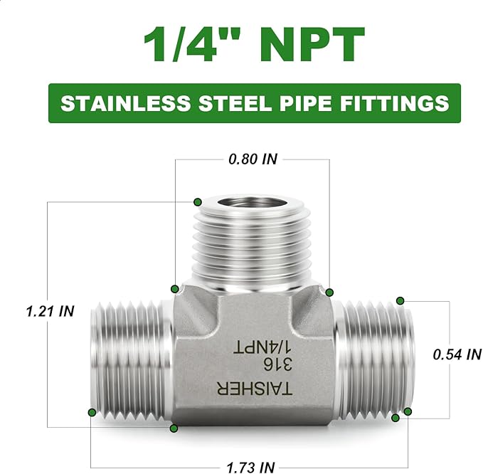 TAISHER 1PCS Forging of 316L Stainless Steel Tee Pipe Fittings, 1/4" x 1/4" x 1/4" NPT Male Pipe Fittings