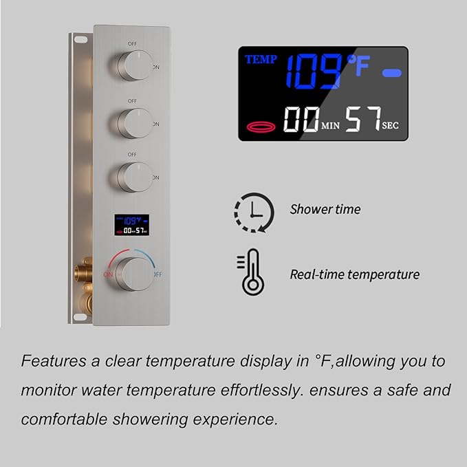 Shower Valve Concealed Shower Mixing Faucet with Temperature Display Function, Flow Control Brass Diverter Valve Kit, 3 Function Can Be Activated Simultaneously, Brushed Nickel