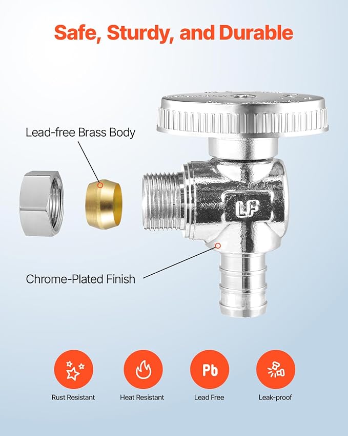 VEVOR 10 Pack Angle Stop Valve, Water Shut Off Valve 1/2" PEX x 3/8" OD Compression, 1/4 Turn Chrome Plated Brass Shutoff Valves for Bathroom Kitchen Toilet Shower Plumbing