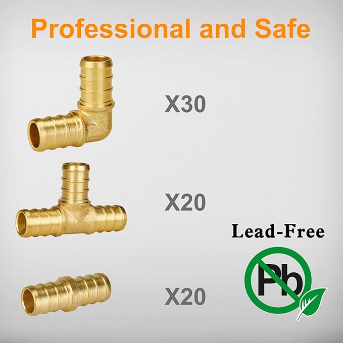 SUNGATOR 70-Pack Pex Fittings, 1/2 inch Brass No Lead Crimp Fittings, 90 Degree Elbow (30) + Tee (20) + Coupling (20)