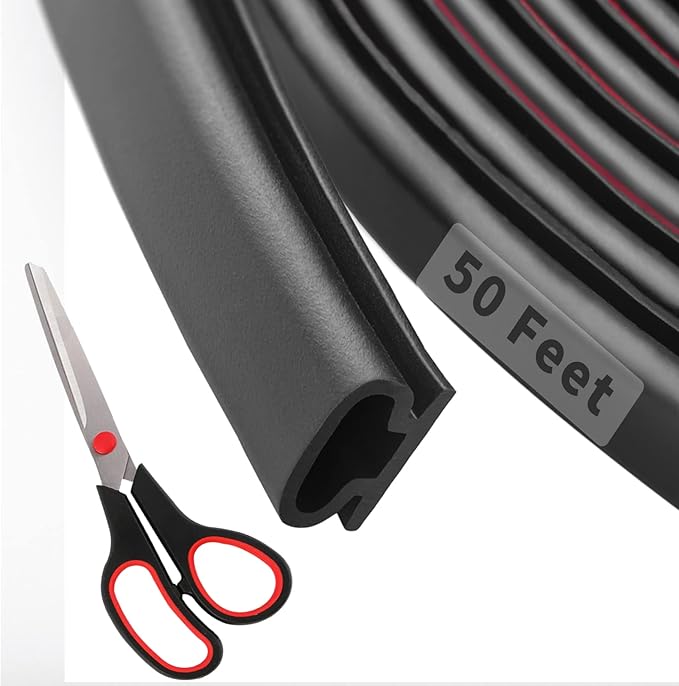 50 Feet D-Shape Rubber Weather Stripping Door Seal Strip, Fingwerk Self-Adhesive Backing Door Weatherstripping for Door Frame Insulation Large Gap, Easy Cut to Size with Tailor Scissors(Black)