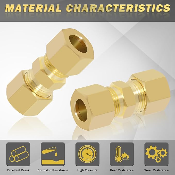 Brass Compression Tube Fitting, 10 PCS 3/8" OD Compression Union Connectors & 10 PCS Compression Sleeves Ferrules